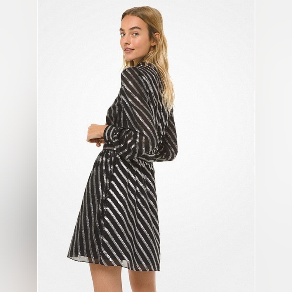 MICHAEL Michael Kors Metallic Stripe Silk Jacquard Black Silver Mini Dress 2 - Picture 3 of 8